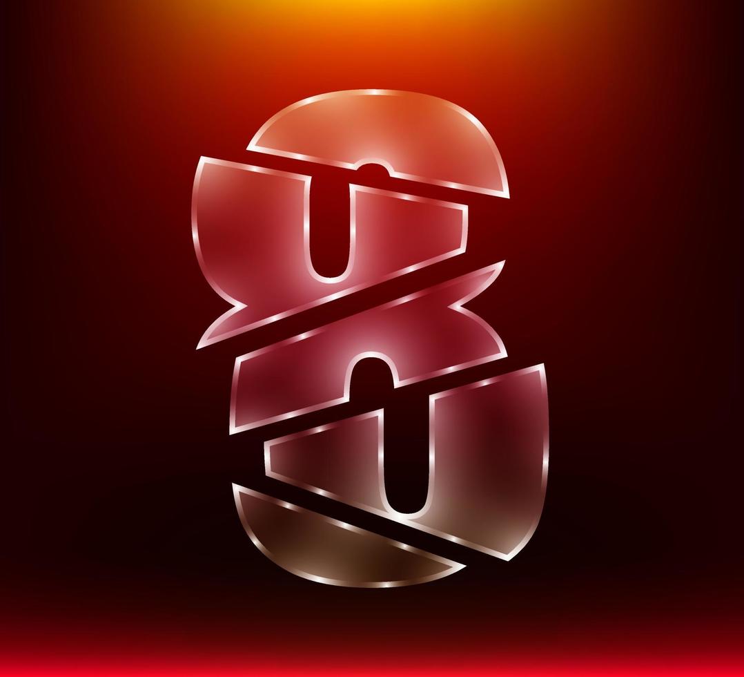 poly luxury glass number character 8 eight slash by sword with red color background. vector