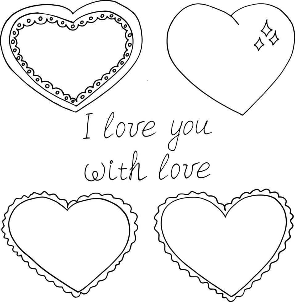 valentine hearts cards and lettering i love you. hand drawn set of templates in minimalistic doodle style. monochrome. frames, borders vector