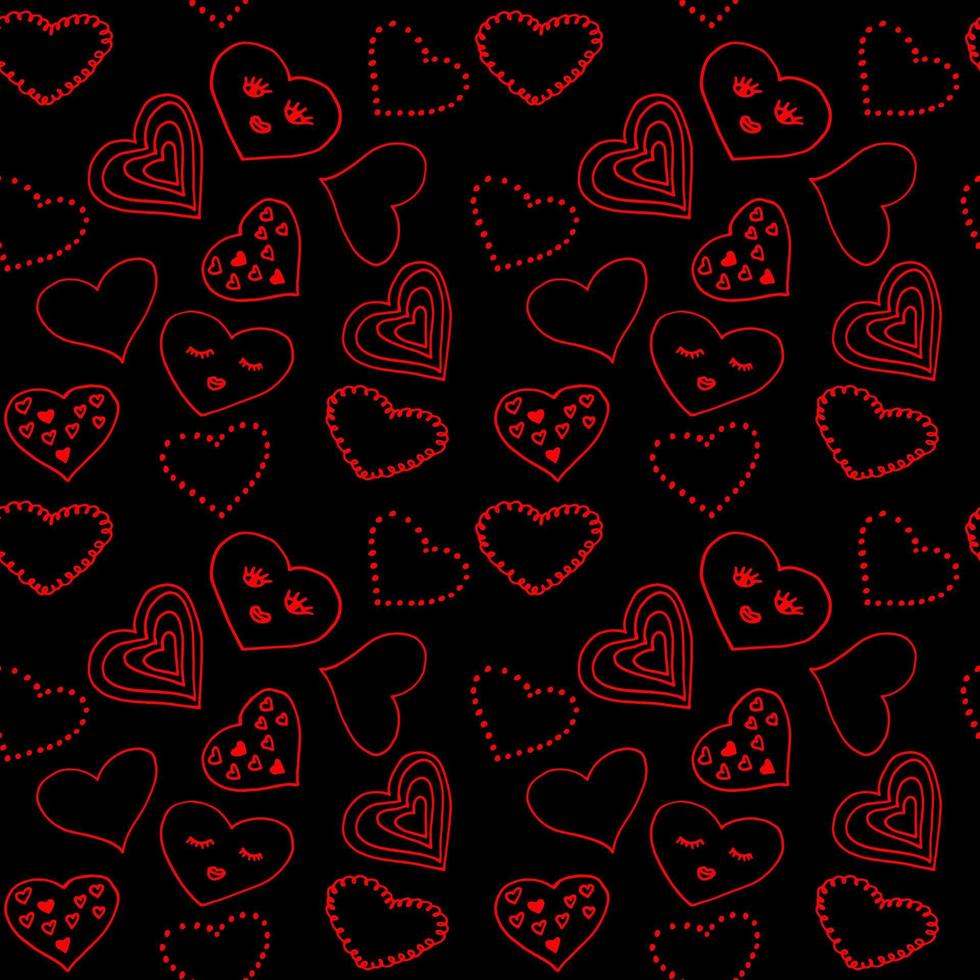 Seamless pattern of red hearts on a black background, minimalist