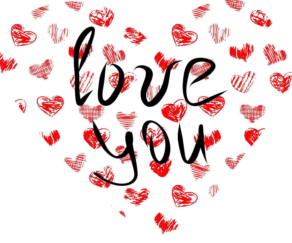 heart and text love you hand drawn doodle. vector, minimalism. card, sticker. love, valentine day, red, holiday, lettering. vector