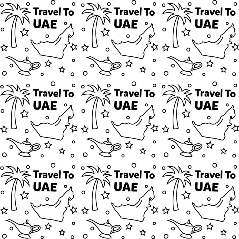 viajar a los emiratos árabes unidos doodle diseño de vector de patrones sin fisuras