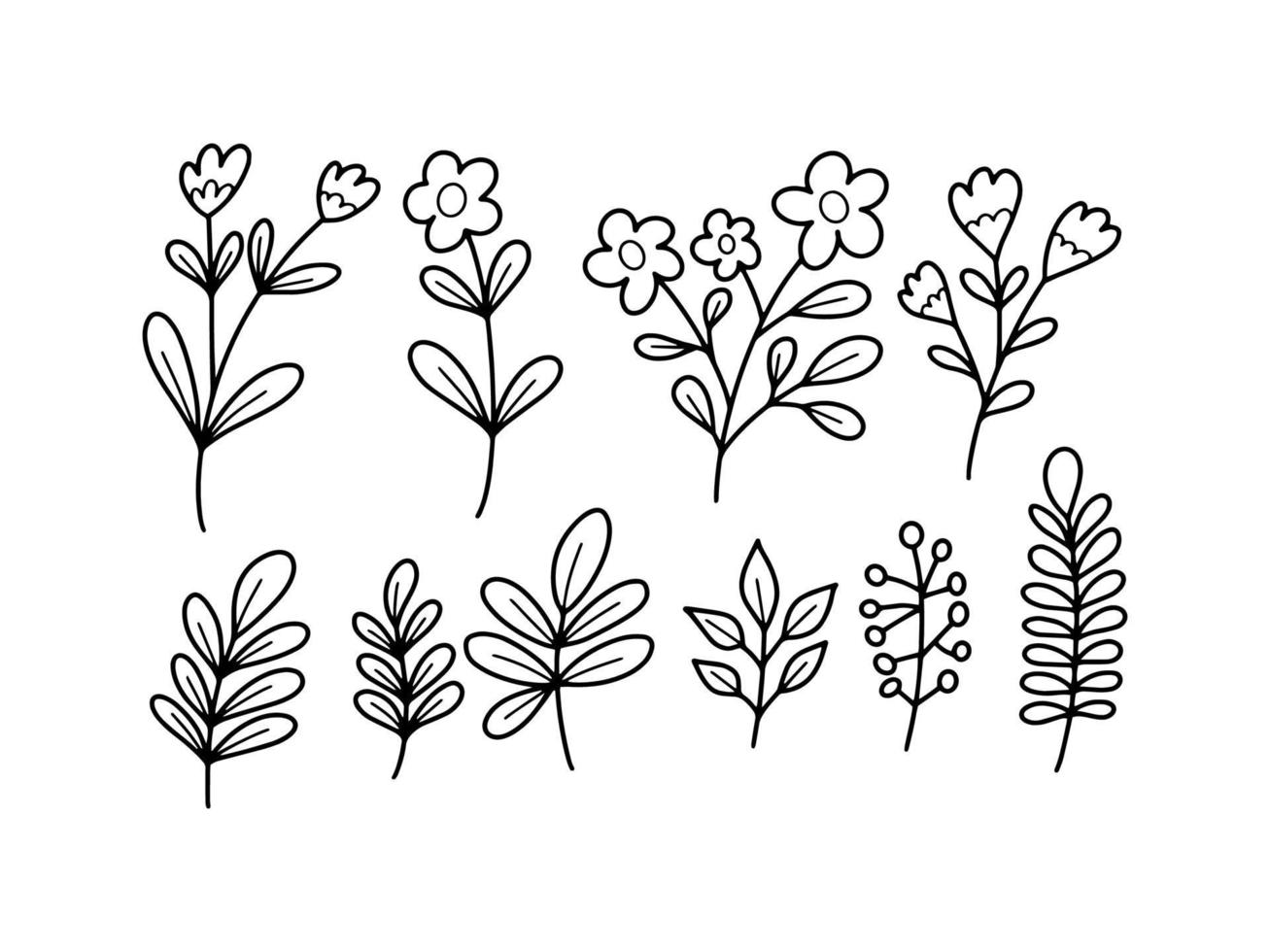 ilustración de doodle de flores silvestres y hojas vector