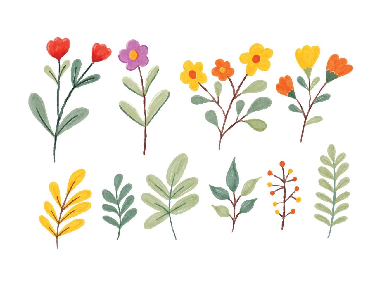 ilustración acuarela de flores silvestres y hojas vector