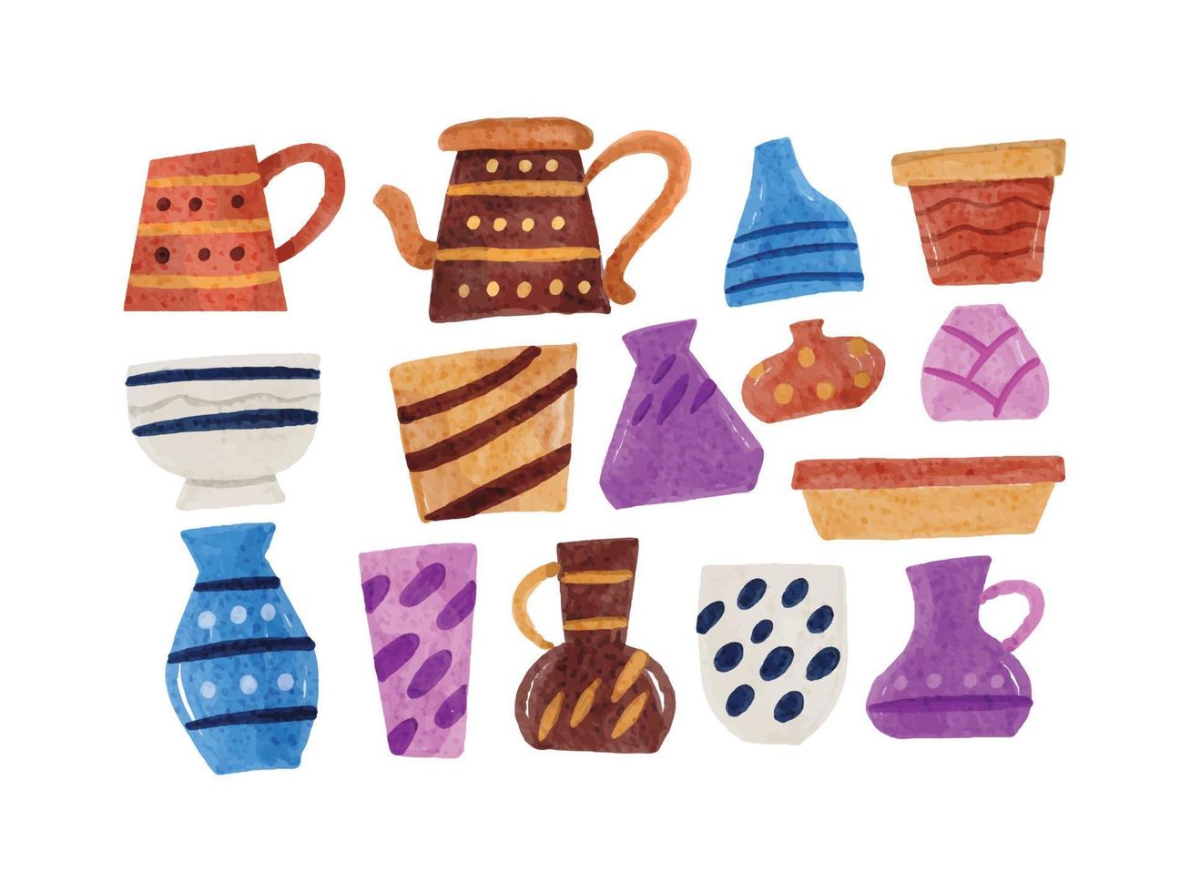 Collection of Clay Pottery Vase Watercolor Illustration vector