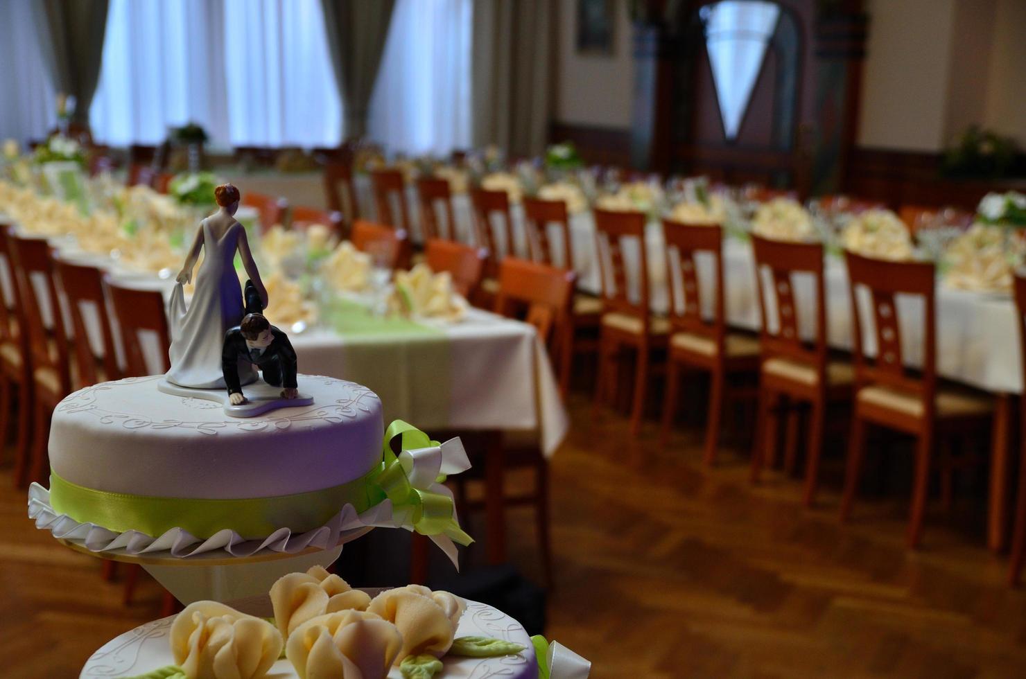 beautiful wedding cake in hall photo