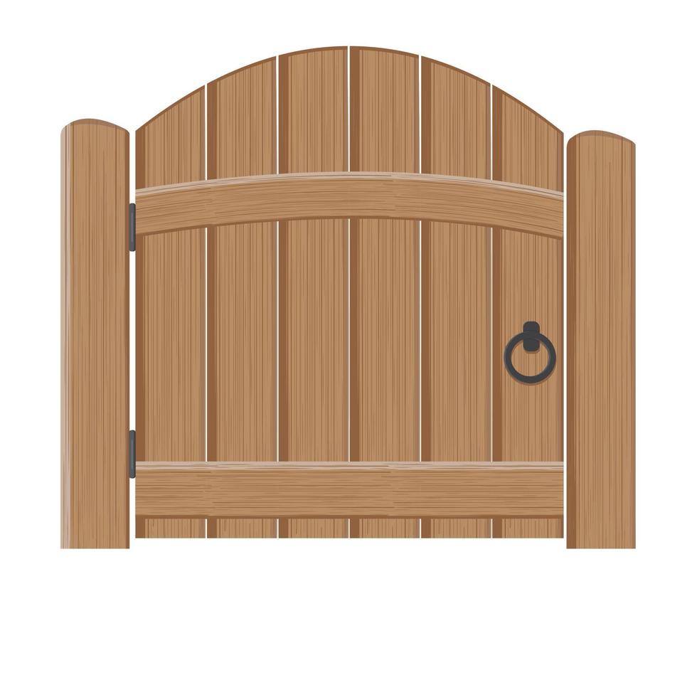 Old wooden massive closed gates, vector illustration. Double door with iron handles and hinges