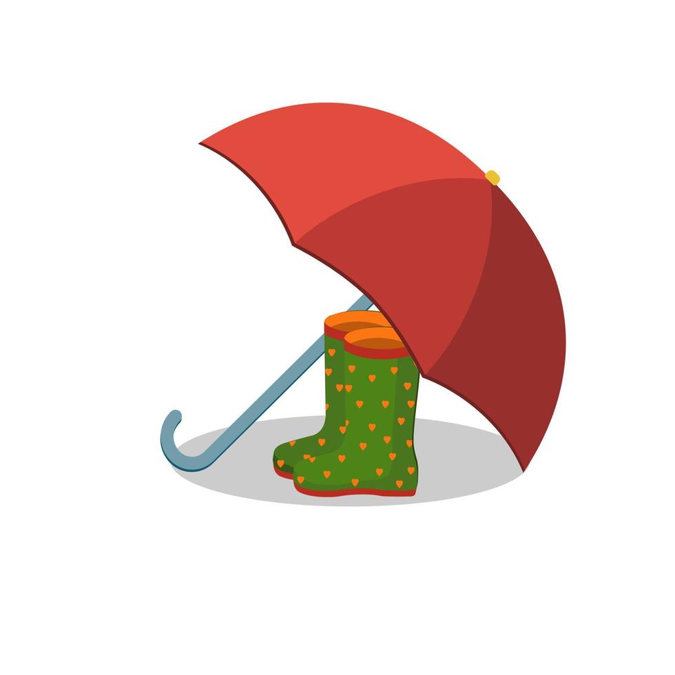 Color isolated vector illustration of rubber boots under an umbrella.