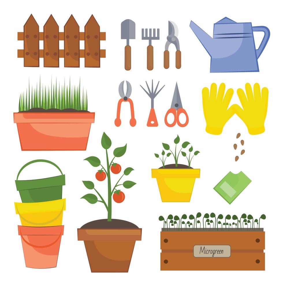 conjunto de diferentes herramientas de jardín aisladas sobre un fondo blanco. diferentes equipos y herramientas de jardinería, una colección de imágenes sobre jardín, agricultura, cabaña, plantas. vector