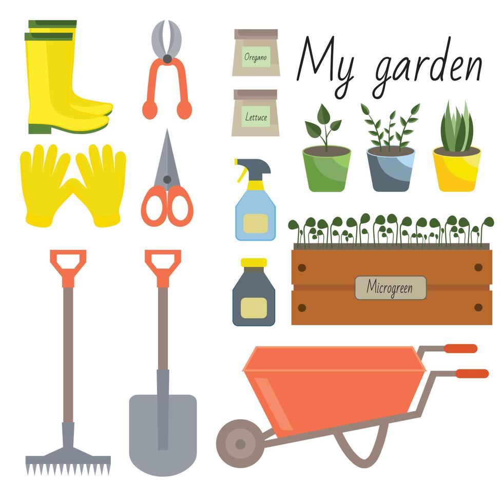 Set of different isolated garden tools on a white background. Set with plants, tools on the theme garden, vegetable garden, dacha. vector