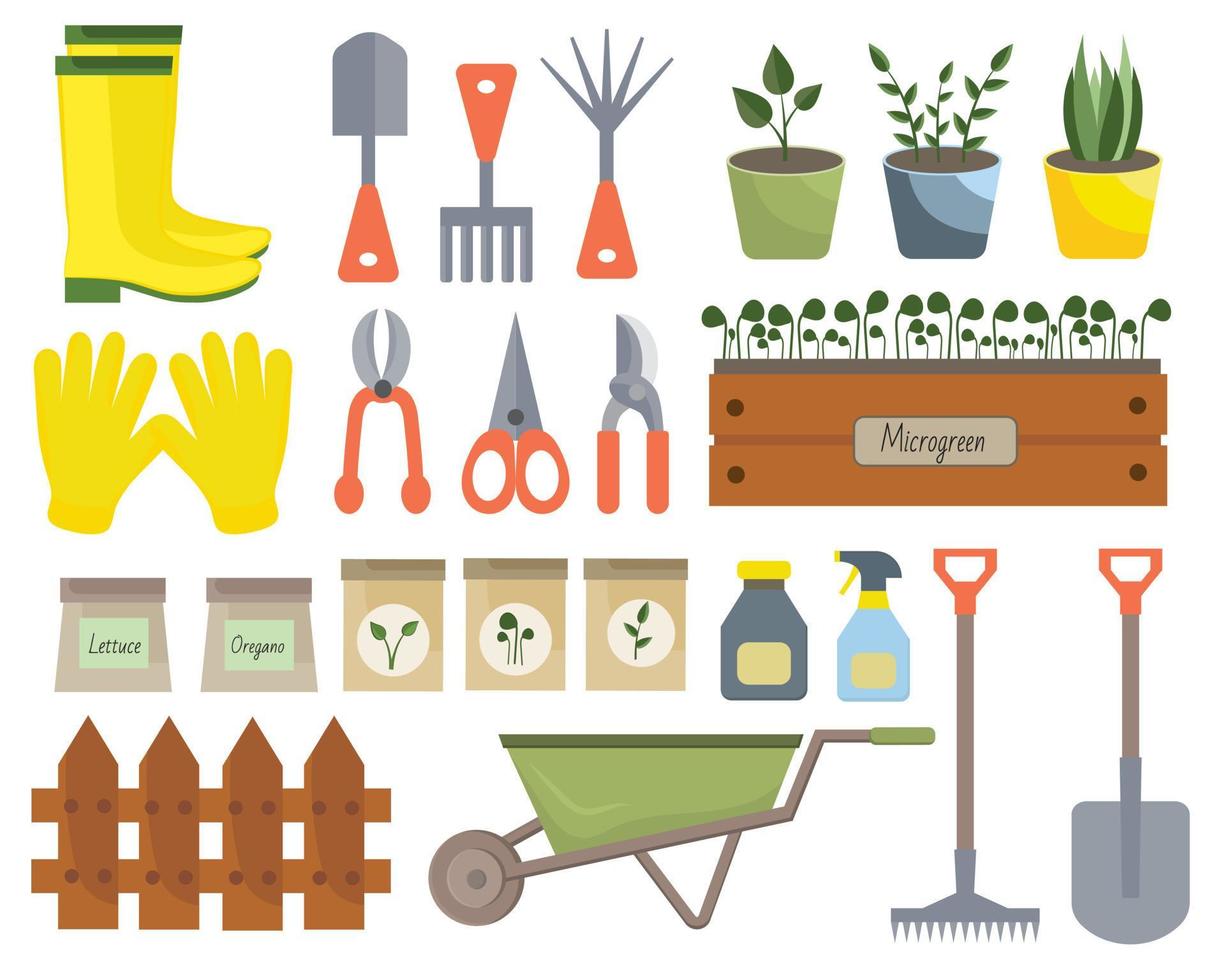 conjunto de equipos de jardinería vectoriales con botas de goma, plántulas, latas de agua, tijeras, carretilla, pala, rastrillo, balde aislado en fondo blanco. granja de colección de jardineros o conjunto de agricultura. vector