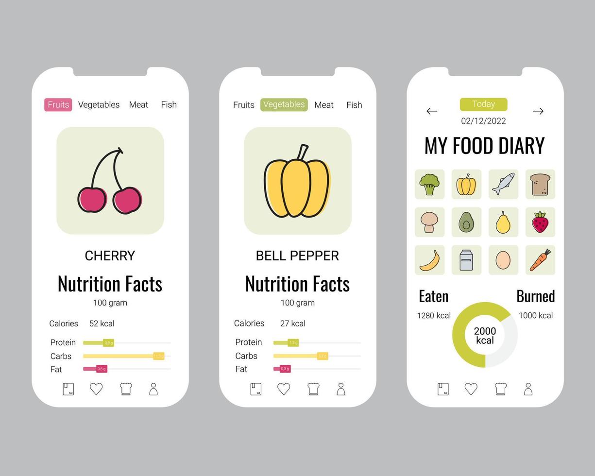 conjunto de plantillas de vector de diseño único de interfaz de aplicación móvil de contador de calorías y diario de alimentos. diseño de interfaz de usuario material. aplicación de contador de calorías para teléfonos inteligentes control de alimentos.