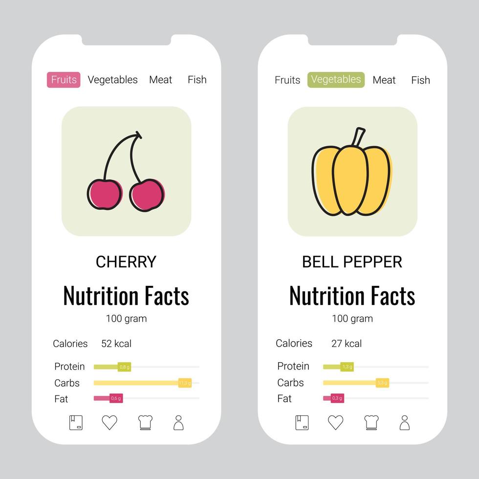 Healthy food web page design layout with outline art icons. Calorie counter and food diary unique design kit for mobile app. Fruits and vegetables nutrition facts. Proper nutrition concept. vector