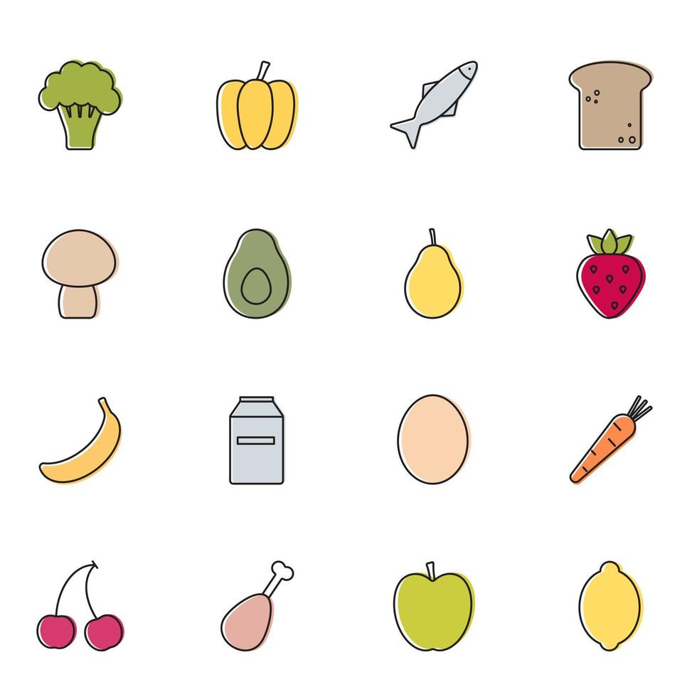 colección de comida y icono de esquema de cocina. el concepto de nutrición adecuada, frutas y verduras saludables, carne, pescado. alimentos de moda minimalistas para logotipos, carteles, arte mural, aplicación móvil, web vector