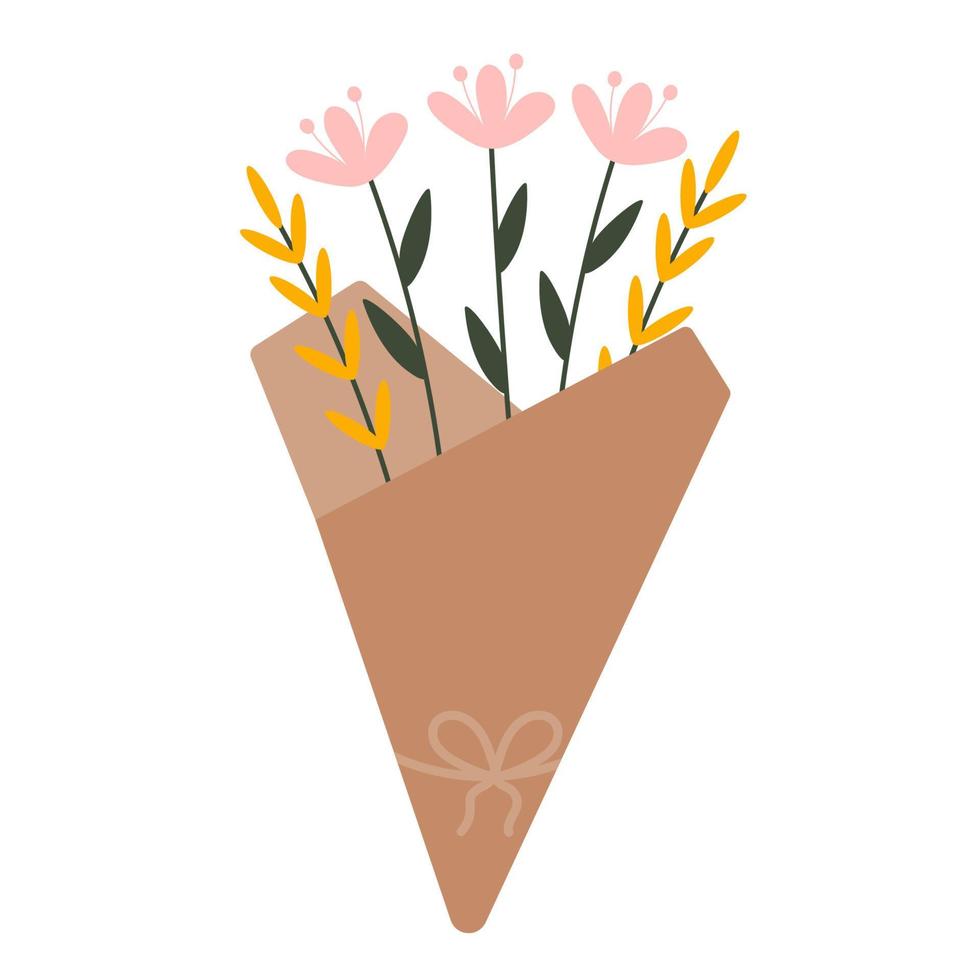 simple ilustración botánica plana dibujada a mano en colores de moda. elegante ramo de primavera. composición florística para la tarjeta de felicitación, decoración del 8 de marzo, pascua, regalos de boda e invitación. vector