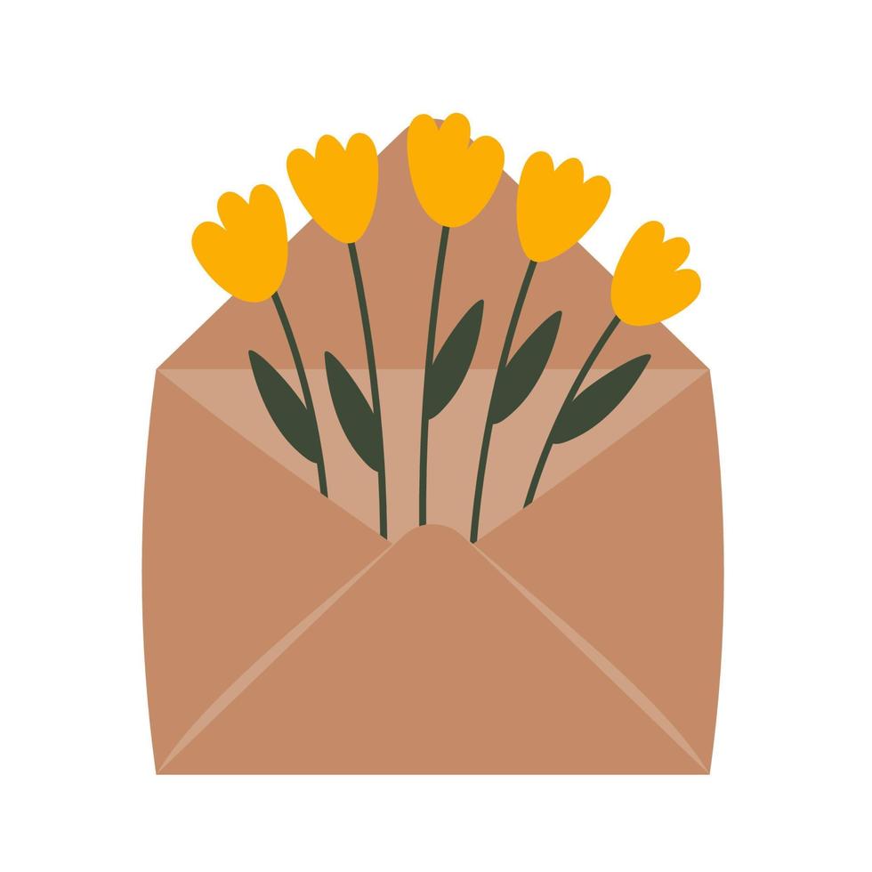 flores silvestres de jardín florecientes en sobre. ilustración para tarjetas florísticas, etiquetas de regalo, tiendas, 8 de marzo y decoración de pascua, regalos de boda e invitación. vector