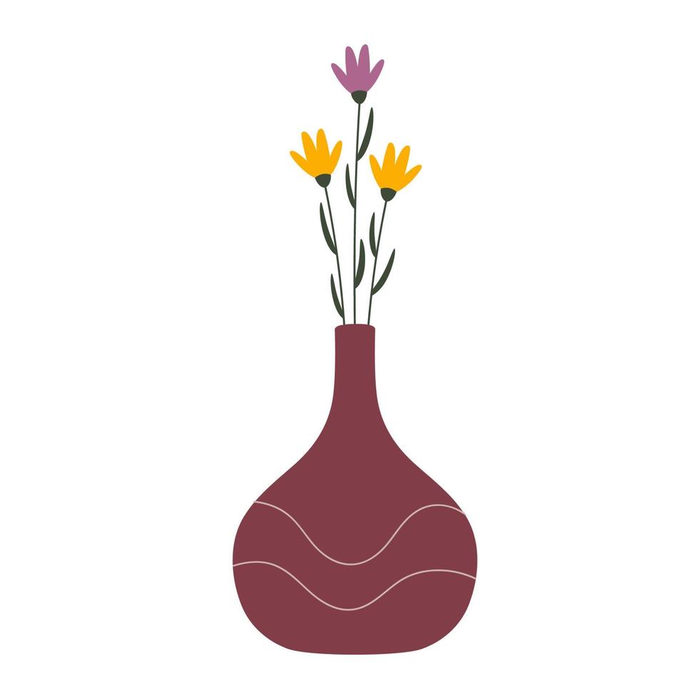 Bouquet of hand drawn spring flowers in a vase. Simple flat design. Delicate and elegant flowers. For decorating floristic workshop, stickers and tags for a flower shop, Easter, 8 March greeting card vector