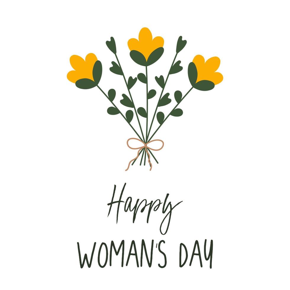 Modern holiday vector illustration for 8 March celebration. Minimalistic card in trendy flat style. Happy Women's Day card with flowers in bouquet. Cute spring flowers.