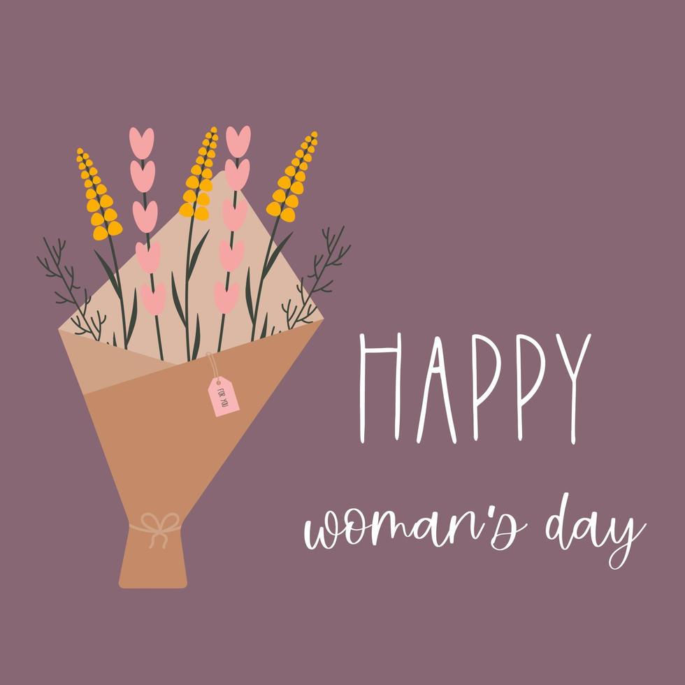 Ready to print greeting card or postcard templates with a bouquet of flowers and a wish for a happy women's day. 8 of March card. Simple minimalistic illustration. vector