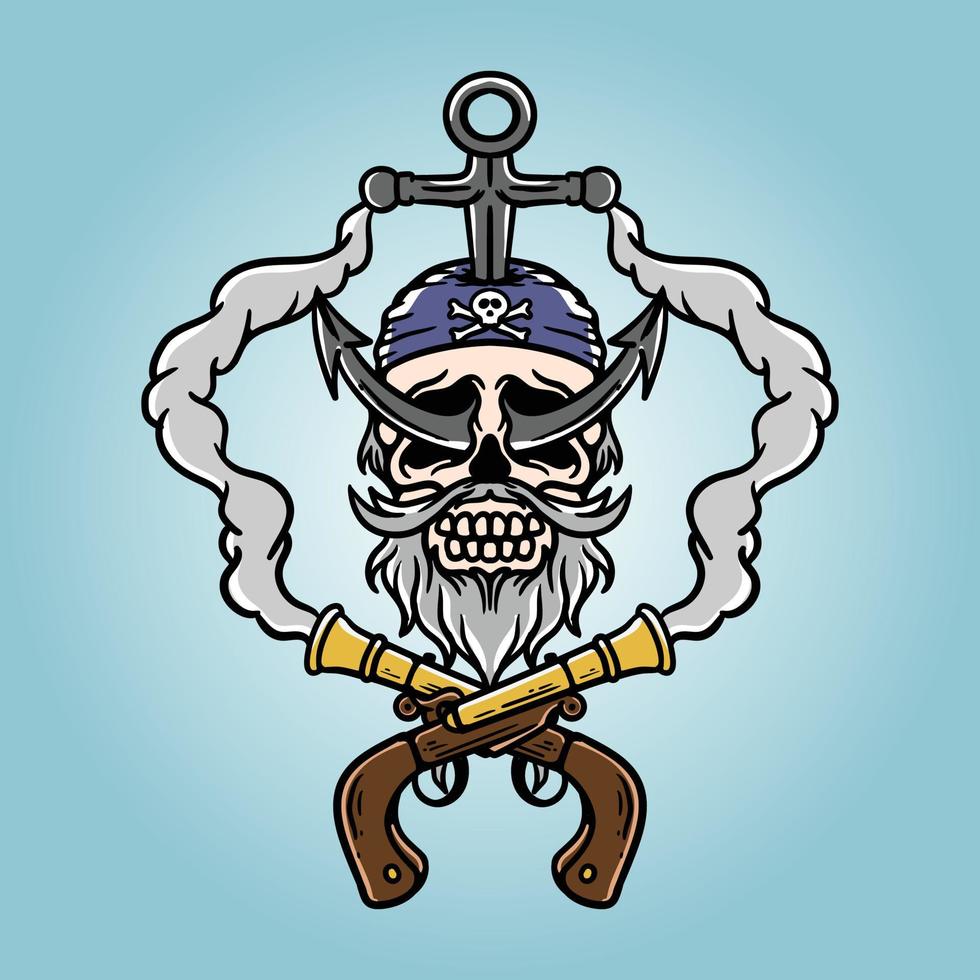 pirate skull illustration with gun emitting smoke and anchor vector