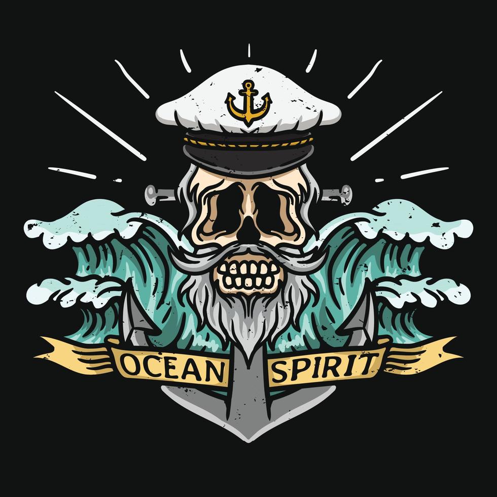 illustration of sailor skull captain with wave anchor and ribbon vector