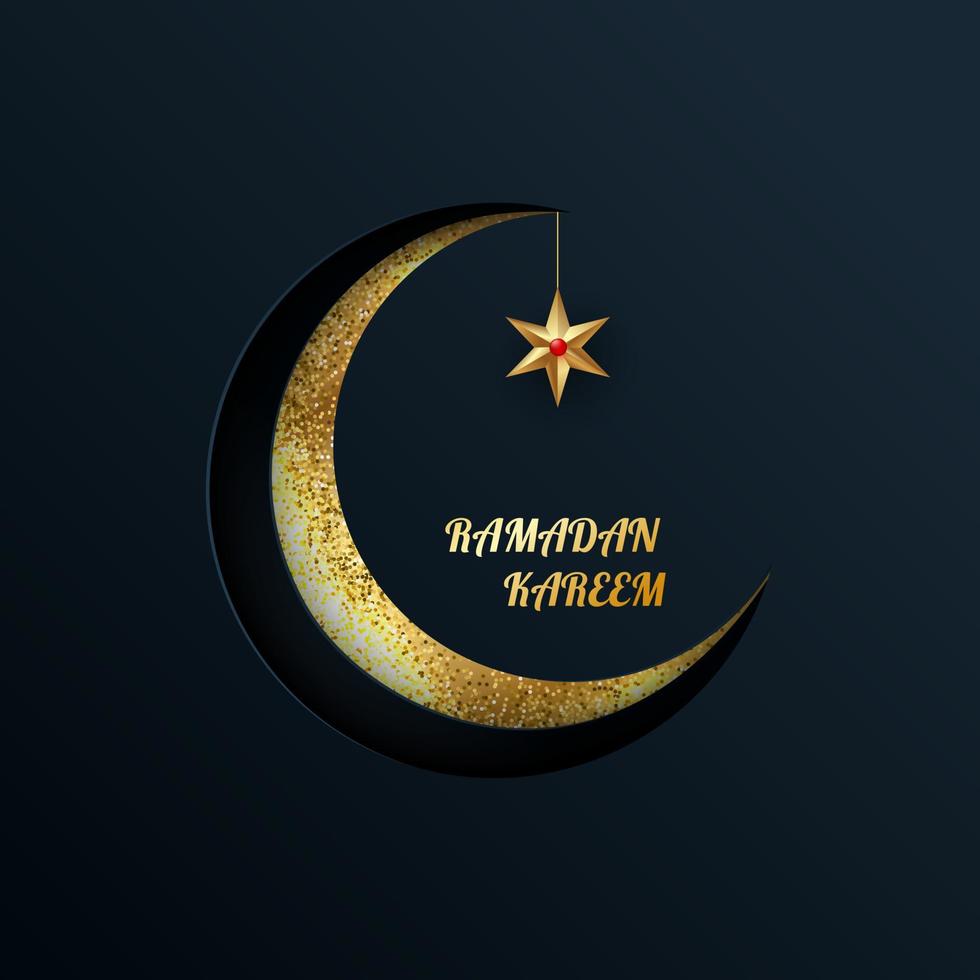 Ramadan Kareem. Gold moon with a star on a dark background. Arabic background. Cover, banner. Vector illustration.
