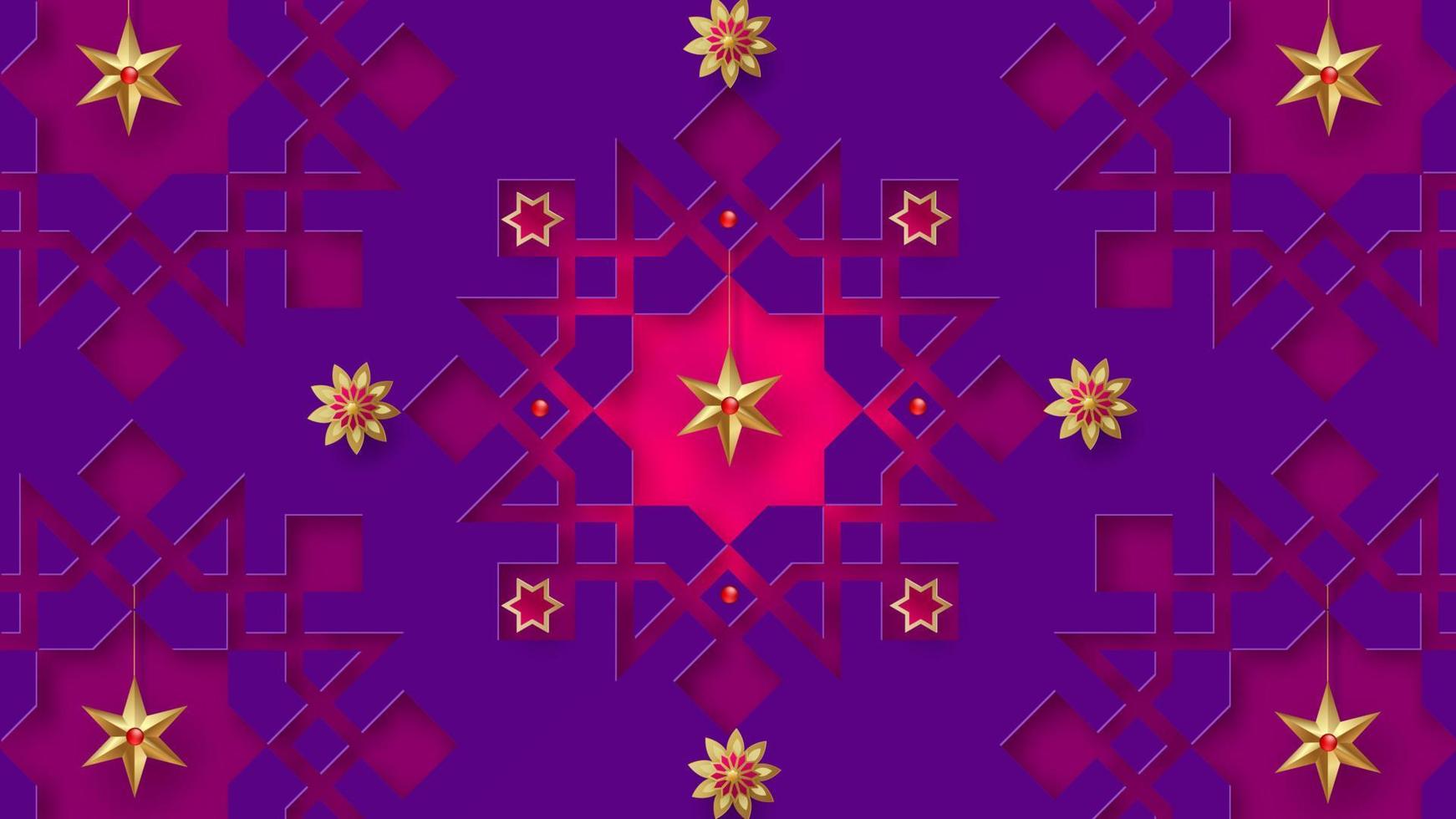 Ramadan Kareem horizontal banner with 3d arabesque stars and flowers. Vector illustration. Greeting card, poster and voucher. Islamic crescent moon with hanging traditional lanterns in the clouds
