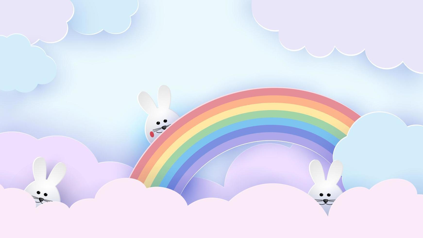 Happy Easter greeting card. Easter bunny on a rainbow. The sky is in pastel colors. Vector illustration