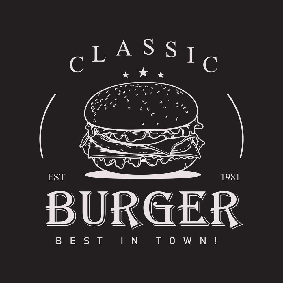 logotipo vectorial clásico de hamburguesa con queso para un restaurante de comida rápida con fondo negro vector