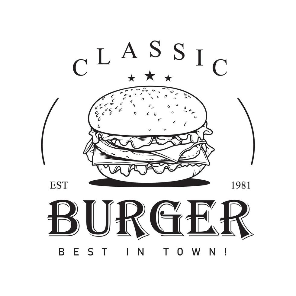 logotipo vectorial clásico de hamburguesa con queso para un restaurante de comida rápida con fondo blanco vector