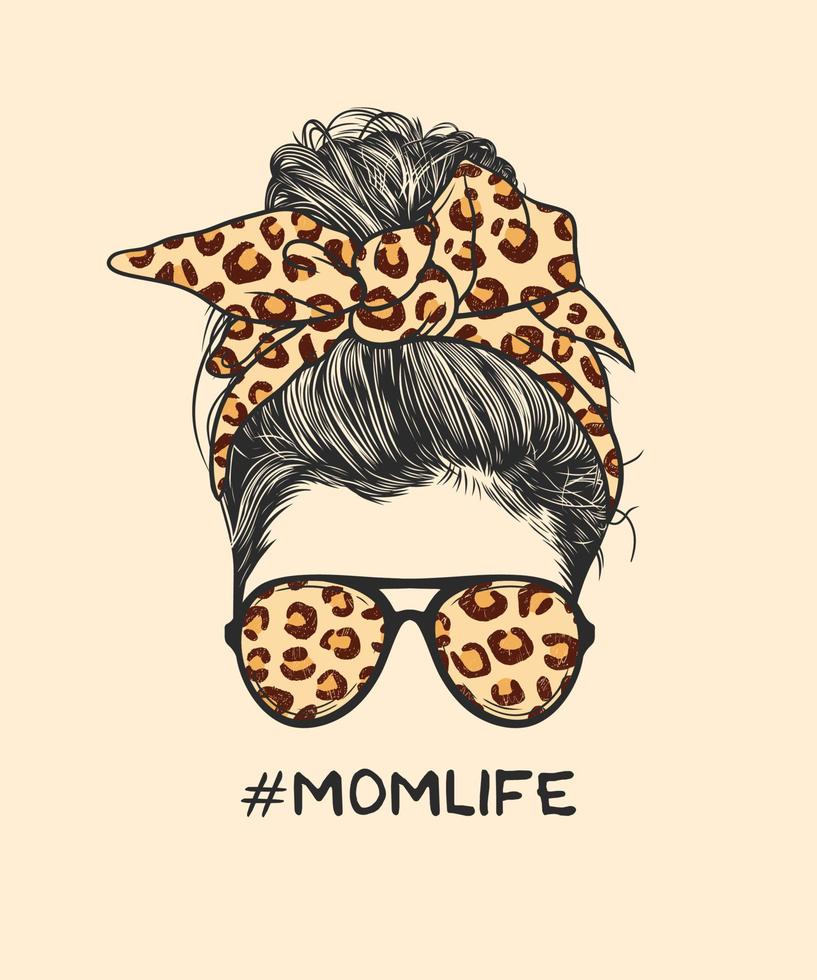 peinado de moño desordenado de mujer con diadema de patrón de leopardo y gafas ilustración vectorial dibujada a mano vector