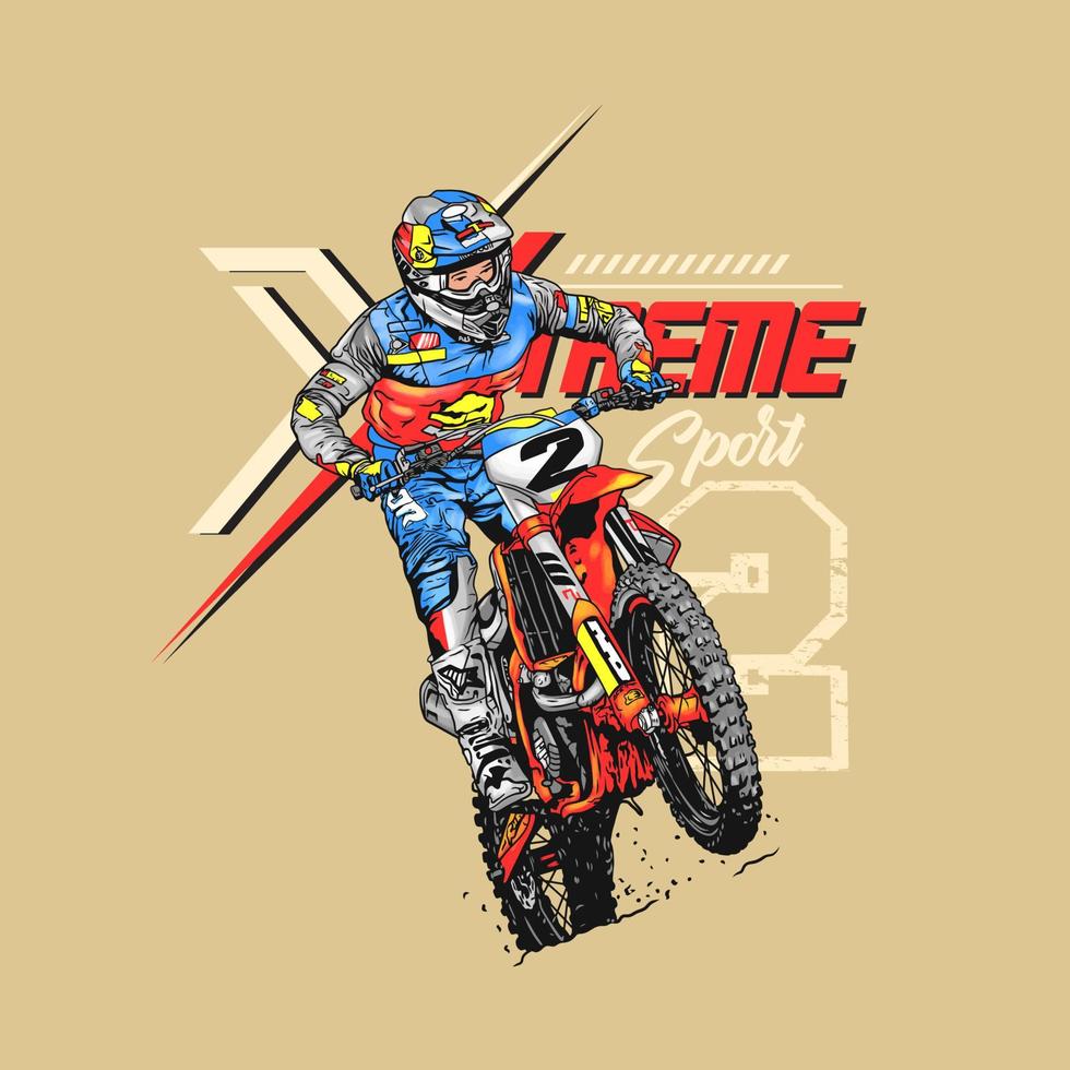 piloto de deportes extremos de motocross en acción, diseño de ilustraciones vectoriales para camisetas y afiches vector