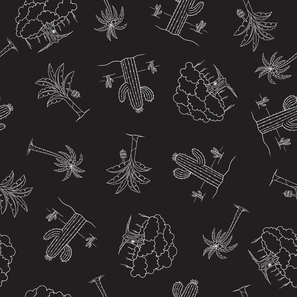 Set of various hand-drawn trees vector seamless pattern on black background