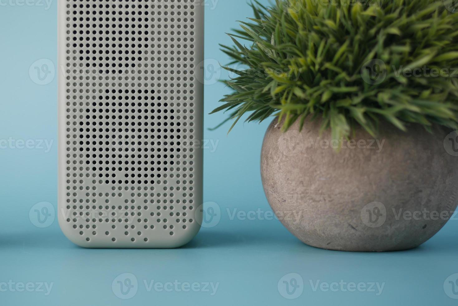 smart speaker and a plant on light green background photo