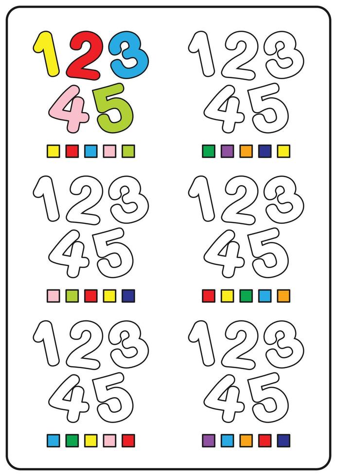 Instructional coloring pages, educational games for children, printable preschool activity worksheets. Simple cartoon vector illustration of colorful objects to learn colors. Coloring numbers 12345.
