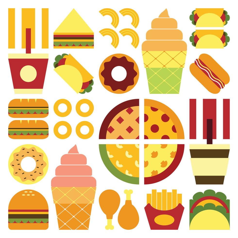 Flat minimalist geometric fast food symbol artwork poster with colorful simple shapes. Abstract vector pattern design of junk food and drink. Burgers, pizza, french fries, soda, coffee and ice cream.