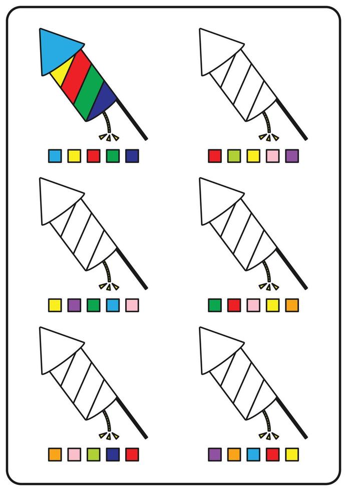 Instructional coloring pages, educational games for kids, preschool activities, printable worksheets. Simple cartoon vector illustration of colorful objects to learn colors. Coloring firecrackers.