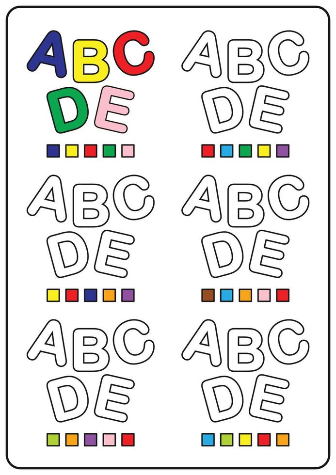 Instructional coloring pages, educational games for children, preschool activity worksheets. Simple cartoon vector illustration of colorful objects to learn colors. Coloring the letters ABCDE.