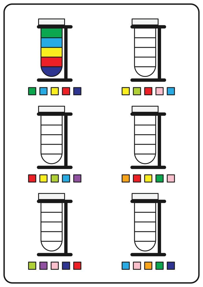 Instructional coloring pages, educational games for children, preschool activity worksheets. Simple cartoon vector illustration of colorful objects to learn colors. Coloring chemical test tubes.