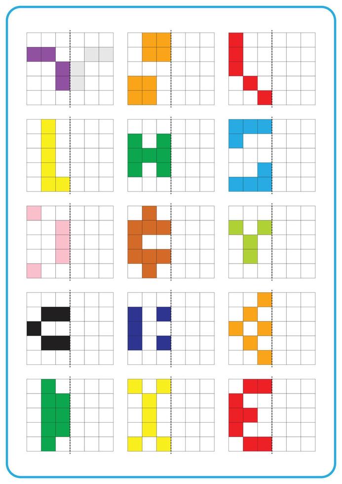 Printable picture reflection educational game for toddlers and kids. Learning symmetrical worksheets, fun for preschool and kindergarten. Grid page coloring activities, visual perception and pixel art vector