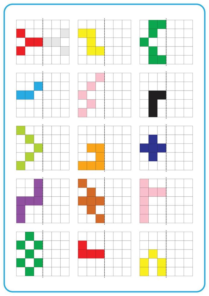 Printable picture reflection educational game for toddlers and kids. Learning symmetrical worksheets, fun for preschool and kindergarten. Grid page coloring activities, visual perception and pixel art vector