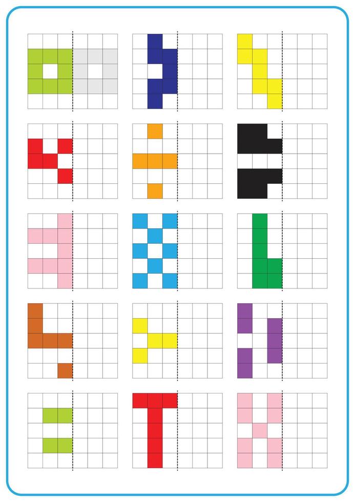 Printable picture reflection educational game for toddlers and kids. Learning symmetrical worksheets, fun for preschool and kindergarten. Grid page coloring activities, visual perception and pixel art vector