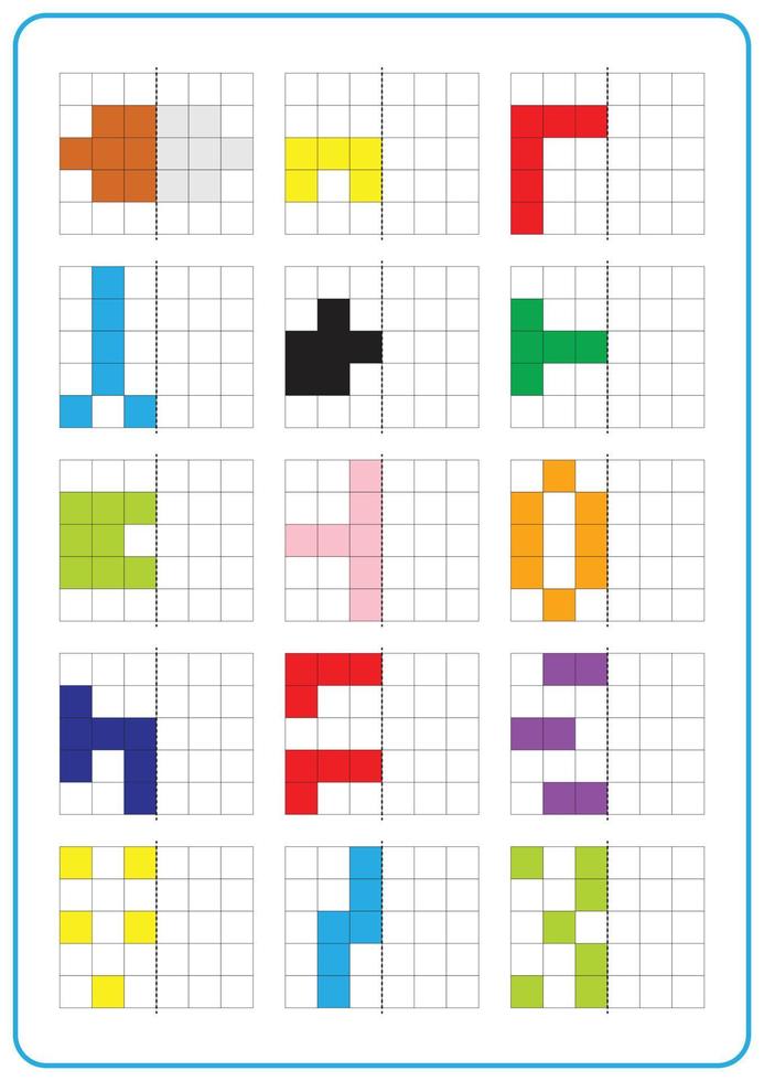Printable picture reflection educational game for toddlers and kids. Learning symmetrical worksheets, fun for preschool and kindergarten. Grid page coloring activities, visual perception and pixel art vector