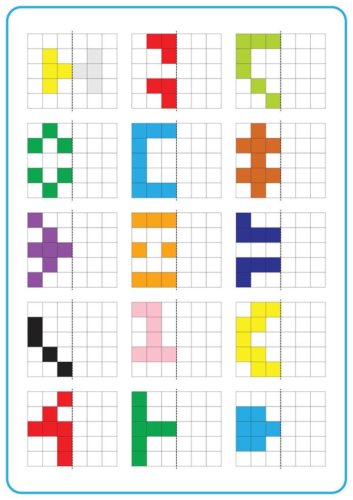 Printable picture reflection educational game for toddlers and kids. Learning symmetrical worksheets, fun for preschool and kindergarten. Grid page coloring activities, visual perception and pixel art vector