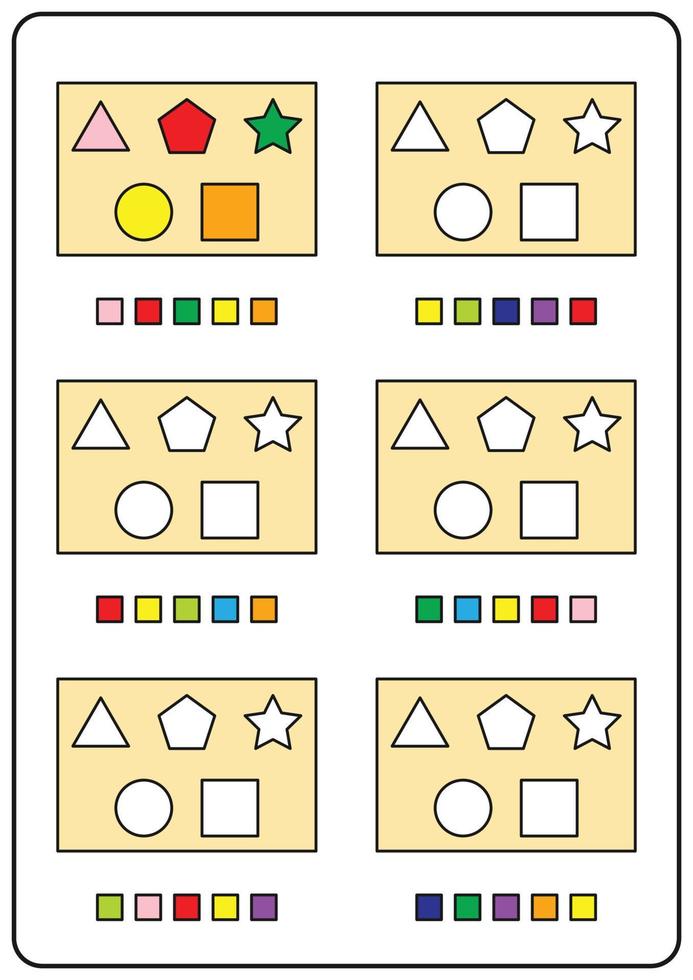 Instructional coloring pages, educational games for children, preschool activity worksheets. Simple cartoon vector illustration of colorful objects to learn colors. Coloring flat geometry puzzle.