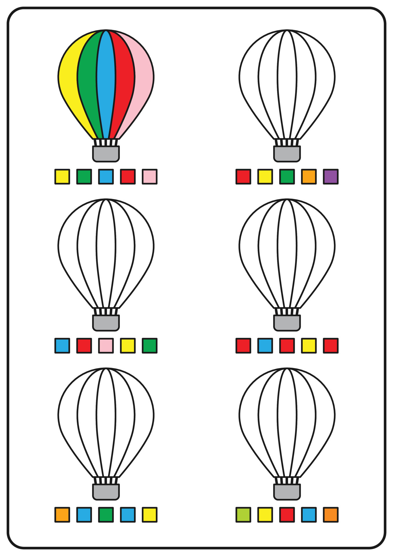 Coloring pages, educational games for children, preschool activities,  printable worksheets. Simple cartoon vector illustration of colorful  objects to learn colors. Coloring hot air balloons. 6187417 Vector Art at  Vecteezy