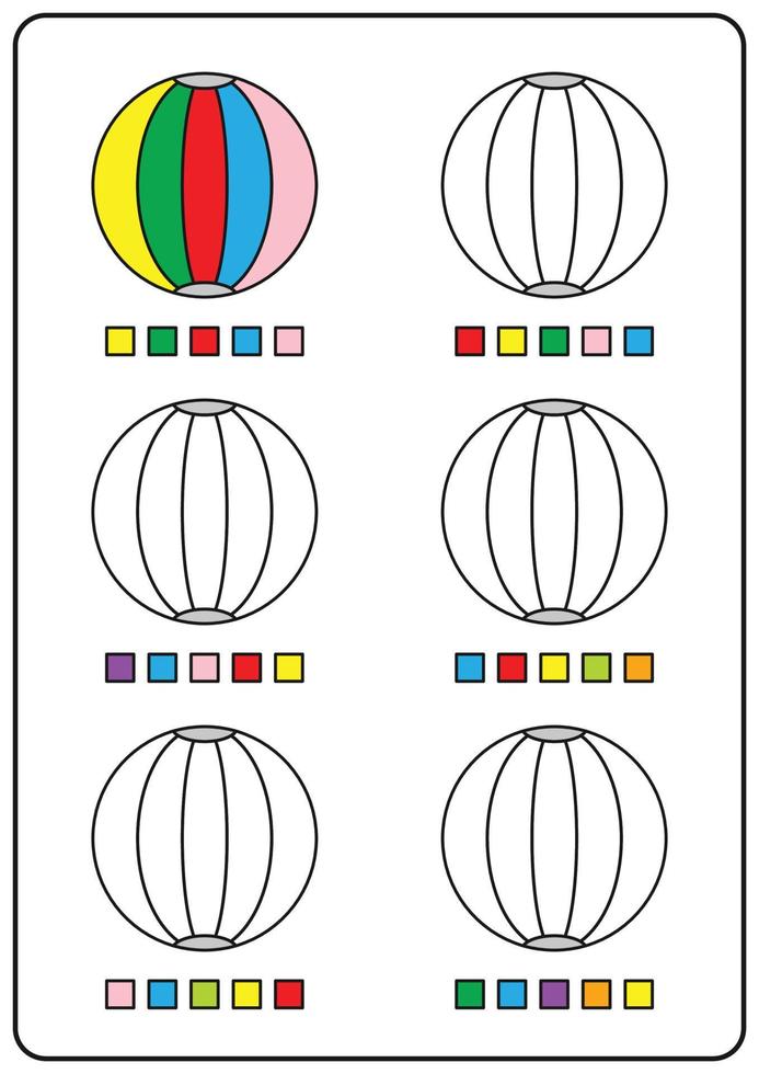 Coloring pages, educational games for children, preschool activities, printable worksheets. Simple cartoon vector illustration of colorful objects to learn colors. Coloring beach balls.