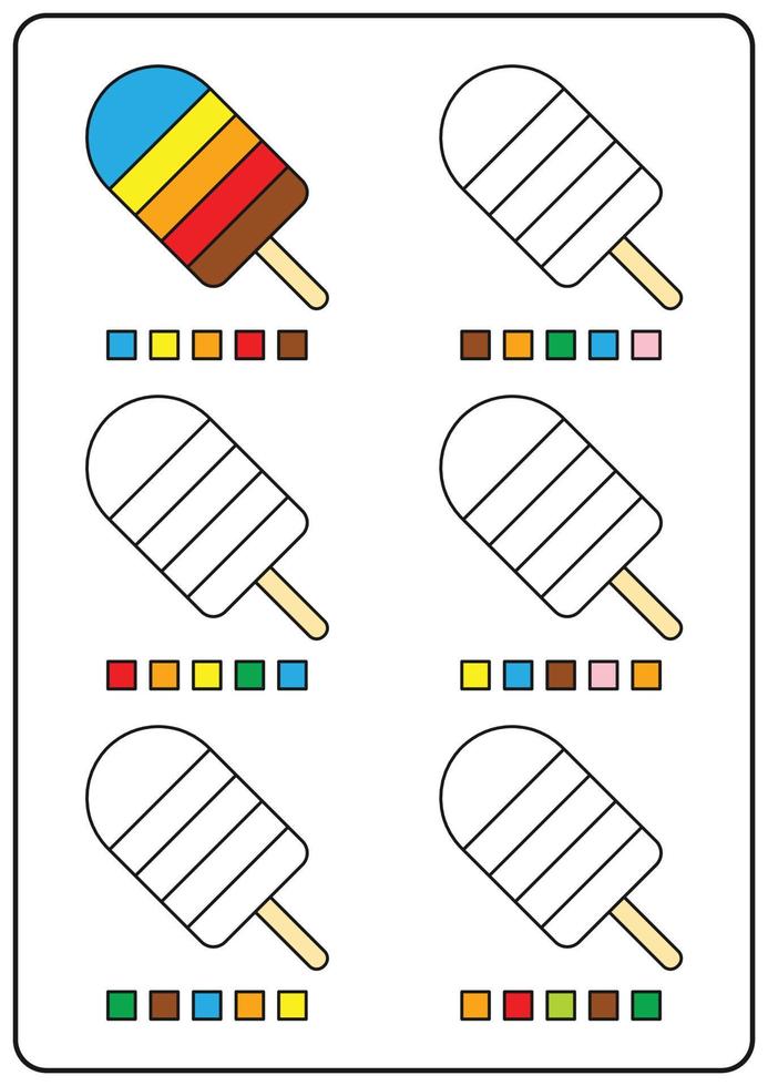 páginas para colorear, educativos para niños, actividades preescolares, hojas de trabajo para imprimir. ilustración vectorial de dibujos animados simples de objetos coloridos para aprender colores. helado para colorear. 6187422 Vector en
