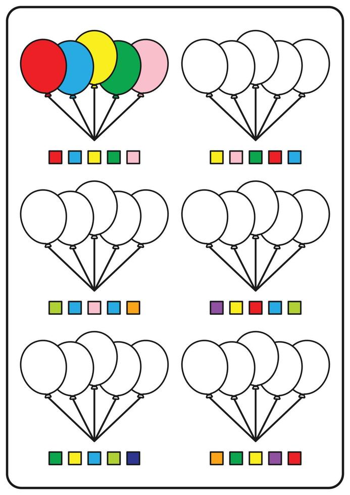 páginas para colorear, juegos educativos para niños, actividades preescolares, hojas de trabajo para imprimir. ilustración vectorial de dibujos animados simples de objetos coloridos aprender colores. colorear globos de gas. Vector