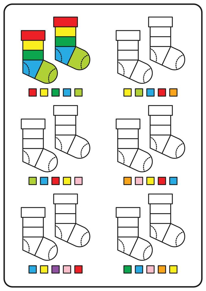Instructional coloring pages, educational games for kids, preschool activities, printable worksheets. Simple cartoon vector illustration of colorful objects to learn colors. Color a pair of socks.