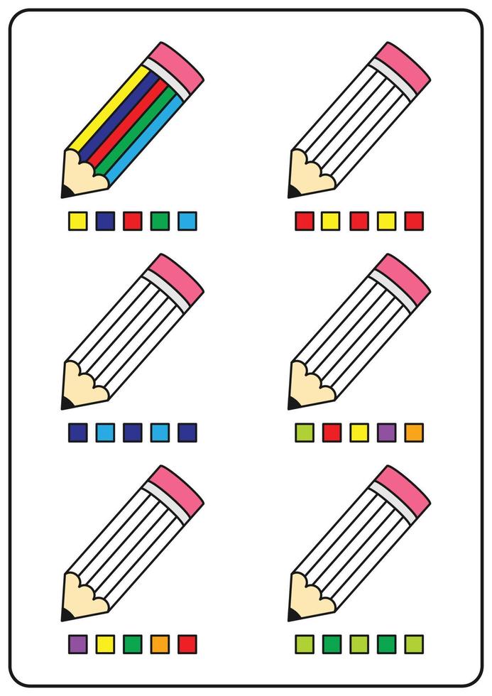 Instructional coloring pages, educational games for kids, preschool activities, printable worksheets. Simple cartoon vector illustration of colorful objects to learn colors. Coloring pencils.